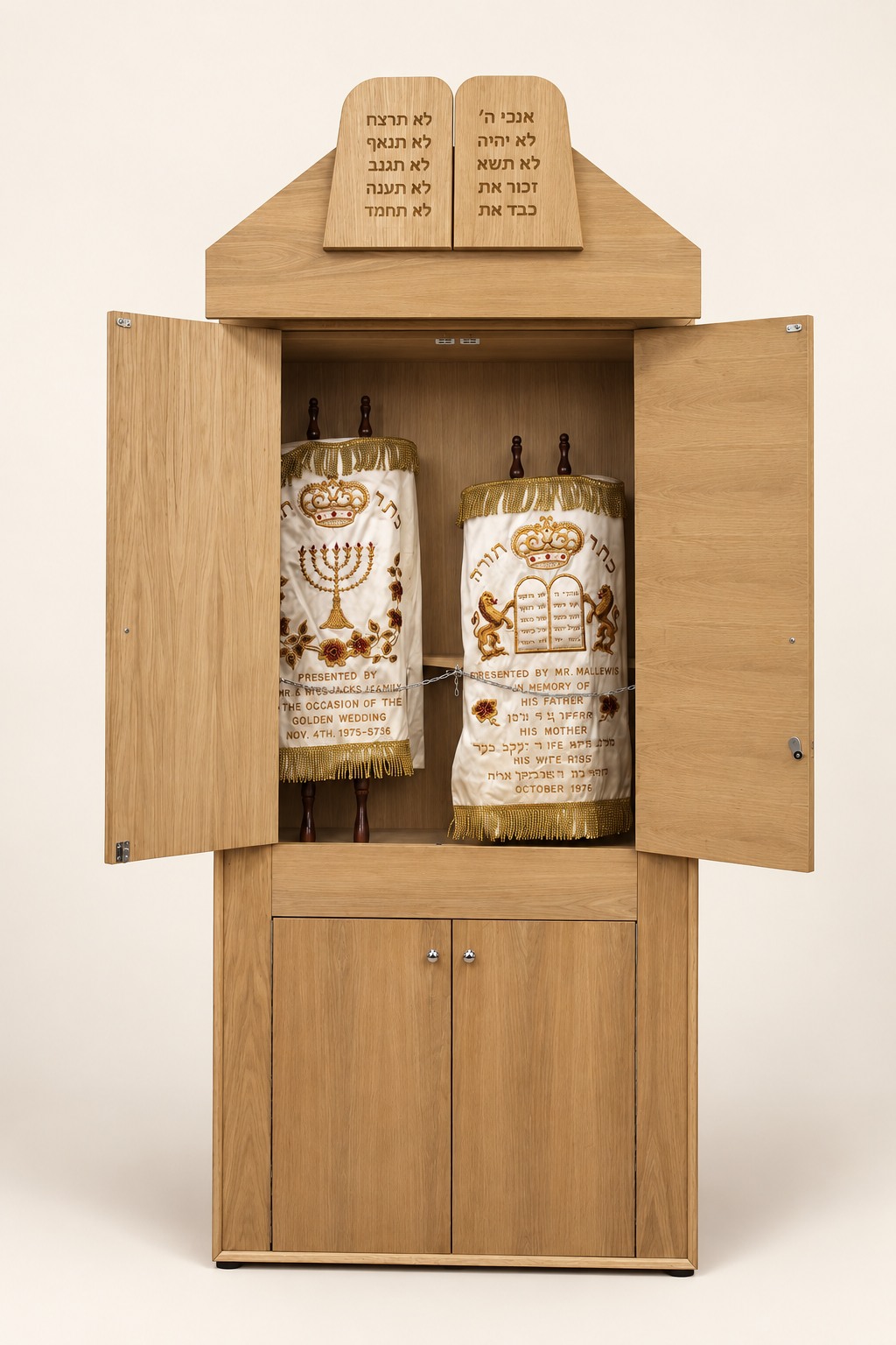 Same Aron Kodesh with doors open showing Torah scrolls