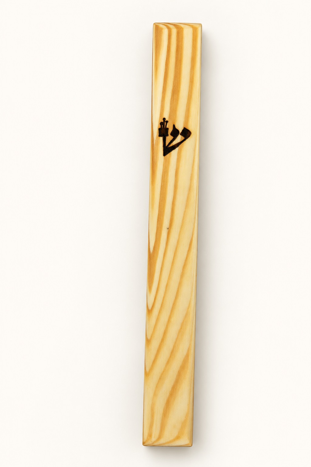 Custom natural wooden mezuzah case with a black Hebrew shin